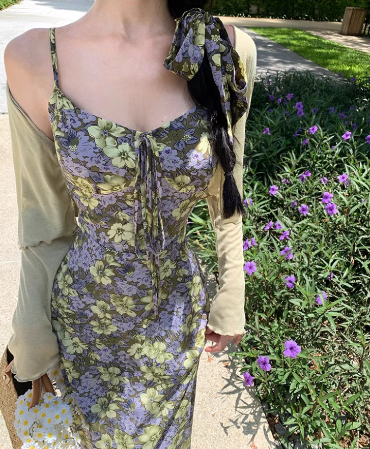 French Style Floral Print Green Maxi Dress Retro Flowy Hem Outdoor Trips Spaghetti Strap Long Dress AP1602