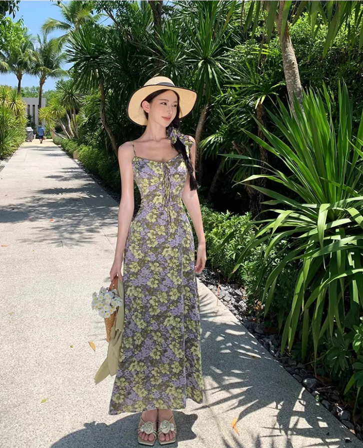 French Style Floral Print Green Maxi Dress Retro Flowy Hem Outdoor Trips Spaghetti Strap Long Dress AP1602