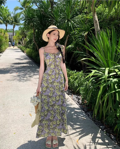 French Style Floral Print Green Maxi Dress Retro Flowy Hem Outdoor Trips Spaghetti Strap Long Dress AP1602