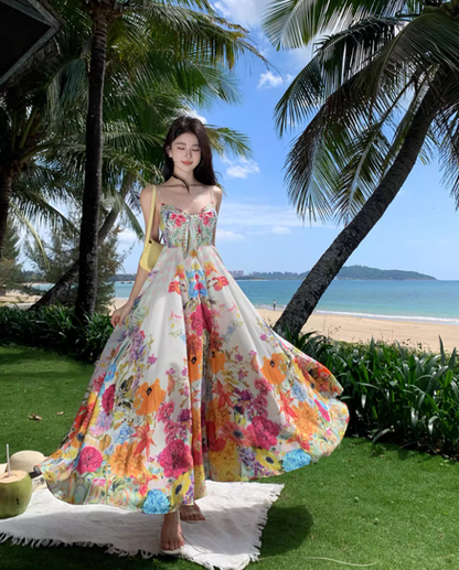 Vibrant Style Floral Print Cinched-Waist Maxi Dress Vintage Outdoor Trips Flowy Hem Spaghetti Strap Long Dress AP1603