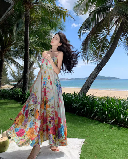 Vibrant Style Floral Print Cinched-Waist Maxi Dress Vintage Outdoor Trips Flowy Hem Spaghetti Strap Long Dress AP1603
