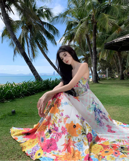 Vibrant Style Floral Print Cinched-Waist Maxi Dress Vintage Outdoor Trips Flowy Hem Spaghetti Strap Long Dress AP1603