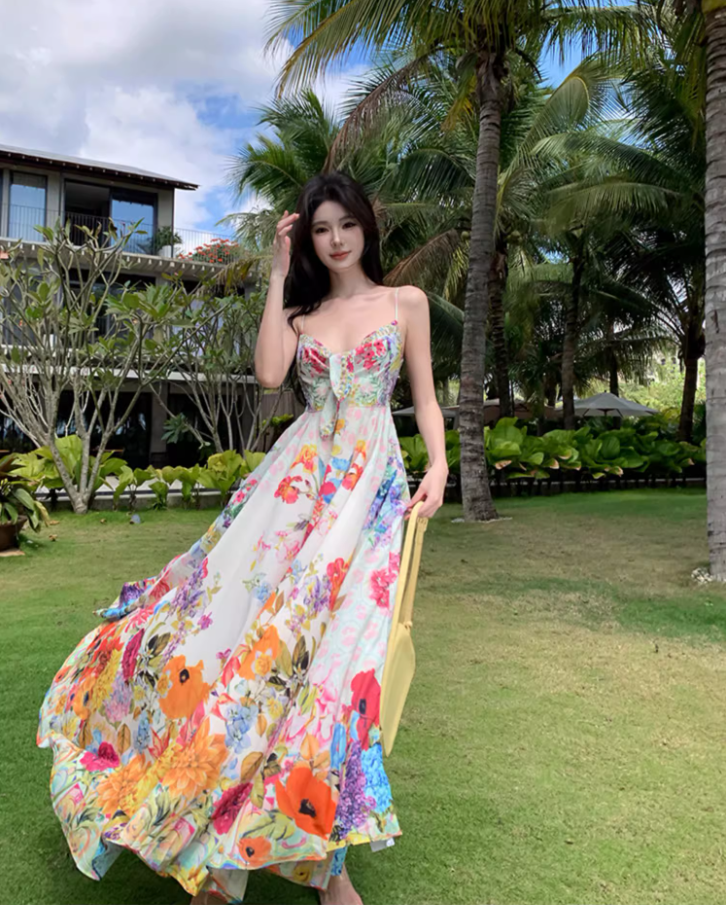 Vibrant Style Floral Print Cinched-Waist Maxi Dress Vintage Outdoor Trips Flowy Hem Spaghetti Strap Long Dress AP1603