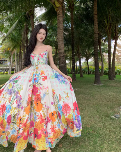 Vibrant Style Floral Print Cinched-Waist Maxi Dress Vintage Outdoor Trips Flowy Hem Spaghetti Strap Long Dress AP1603