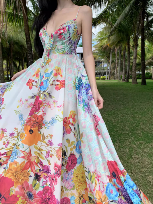 Vibrant Style Floral Print Cinched-Waist Maxi Dress Vintage Outdoor Trips Flowy Hem Spaghetti Strap Long Dress AP1603