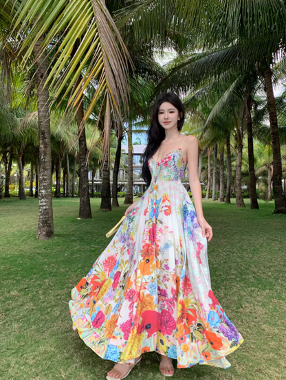 Vibrant Style Floral Print Cinched-Waist Maxi Dress Vintage Outdoor Trips Flowy Hem Spaghetti Strap Long Dress AP1603
