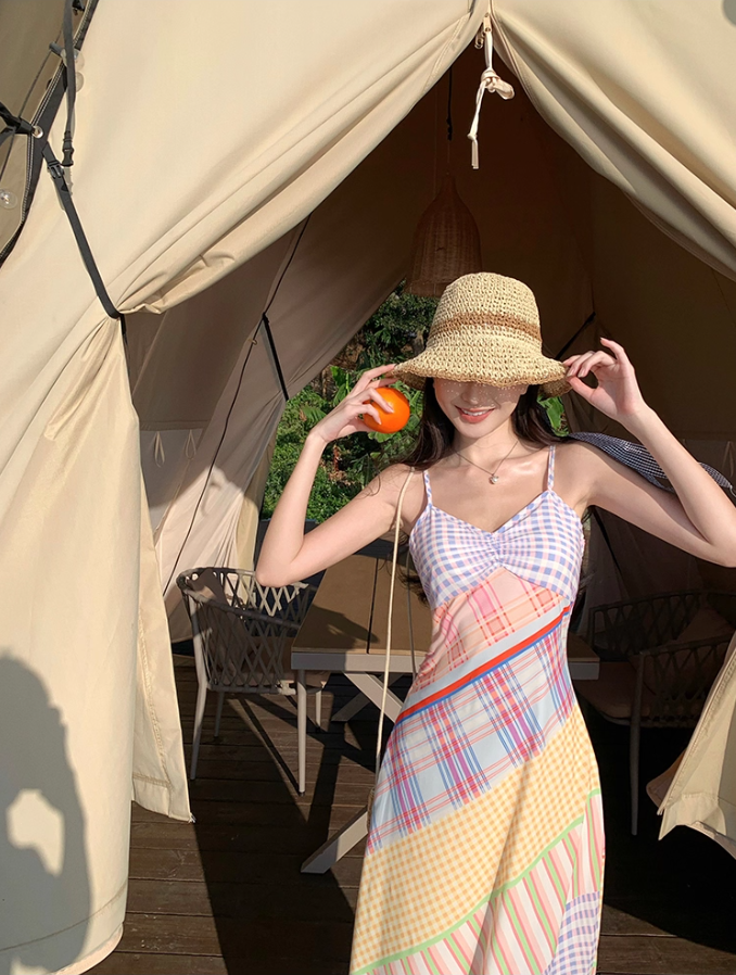 Dopamine Style Patchwork Plaid Print Spaghetti Strap Maxi Dress Vintage Casual Trips Cinched-Waist Flowy Hem Long Dress AP1604