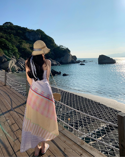 Dopamine Style Patchwork Plaid Print Spaghetti Strap Maxi Dress Vintage Casual Trips Cinched-Waist Flowy Hem Long Dress AP1604