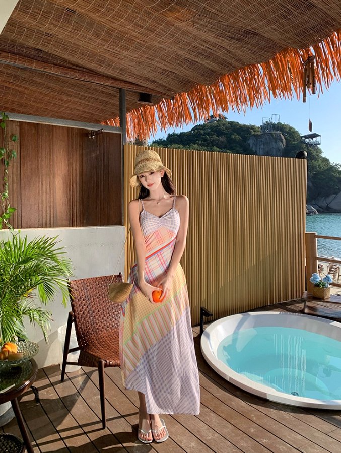 Dopamine Style Patchwork Plaid Print Spaghetti Strap Maxi Dress Vintage Casual Trips Cinched-Waist Flowy Hem Long Dress AP1604