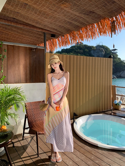 Dopamine Style Patchwork Plaid Print Spaghetti Strap Maxi Dress Vintage Casual Trips Cinched-Waist Flowy Hem Long Dress AP1604