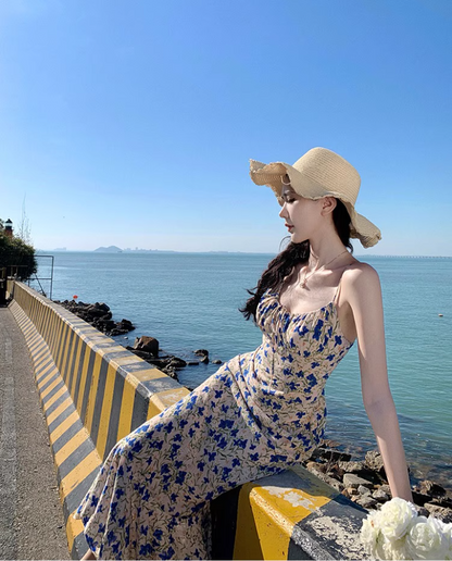 French Style Blue Butterflies Floral Print Maxi Dress Casual Cinched-Waist Mermaid Hem Spaghetti Strap Long Dress AP1605