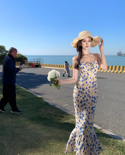 French Style Blue Butterflies Floral Print Maxi Dress Casual Cinched-Waist Mermaid Hem Spaghetti Strap Long Dress AP1605