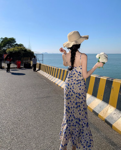 French Style Blue Butterflies Floral Print Maxi Dress Casual Cinched-Waist Mermaid Hem Spaghetti Strap Long Dress AP1605