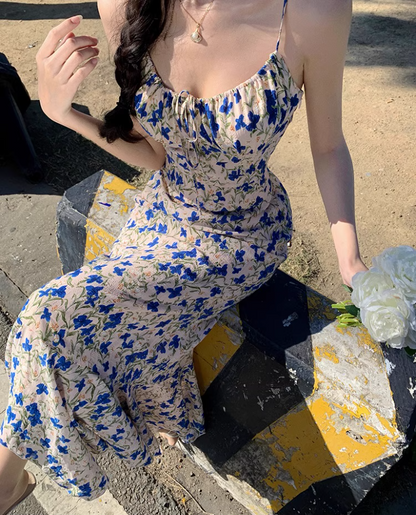 French Style Blue Butterflies Floral Print Maxi Dress Casual Cinched-Waist Mermaid Hem Spaghetti Strap Long Dress AP1605