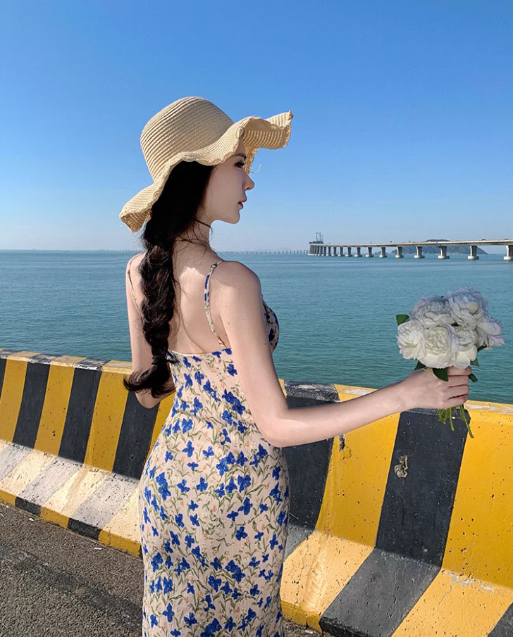 French Style Blue Butterflies Floral Print Maxi Dress Casual Cinched-Waist Mermaid Hem Spaghetti Strap Long Dress AP1605