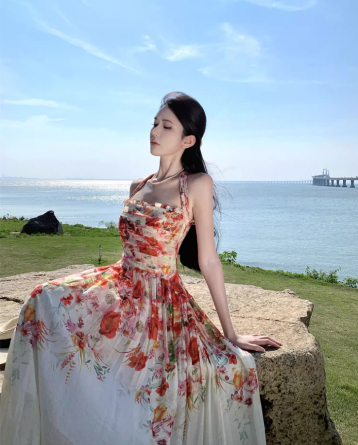 Dreamy Floral Print Flowy Hem Maxi Dress Casual Cinched-Waist Garden Vacays Ruffles Trimmed Long Dress AP1606