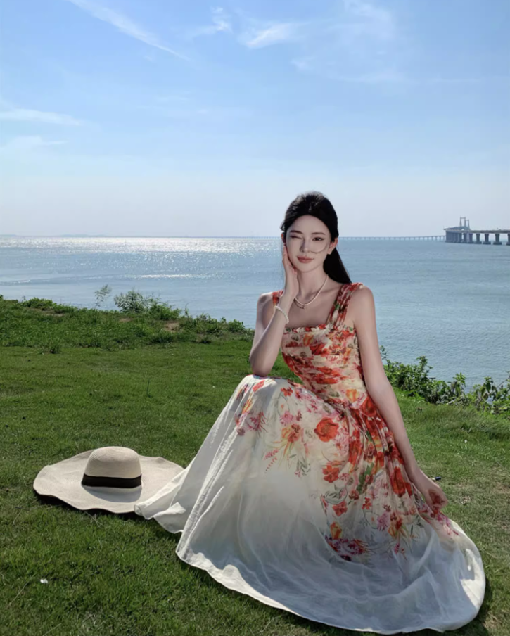 Dreamy Floral Print Flowy Hem Maxi Dress Casual Cinched-Waist Garden Vacays Ruffles Trimmed Long Dress AP1606