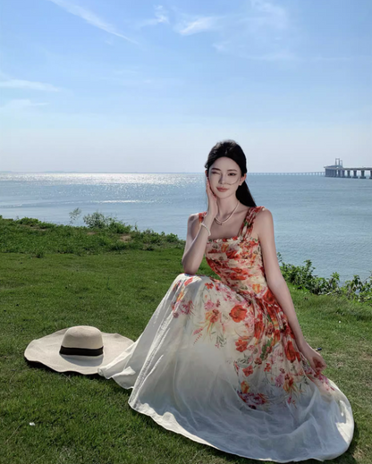 Dreamy Floral Print Flowy Hem Maxi Dress Casual Cinched-Waist Garden Vacays Ruffles Trimmed Long Dress AP1606