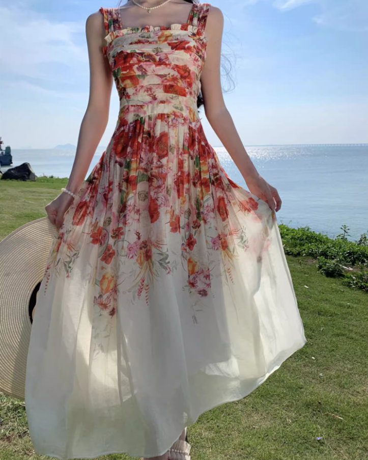 Dreamy Floral Print Flowy Hem Maxi Dress Casual Cinched-Waist Garden Vacays Ruffles Trimmed Long Dress AP1606