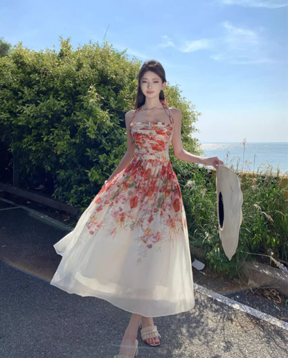 Dreamy Floral Print Flowy Hem Maxi Dress Casual Cinched-Waist Garden Vacays Ruffles Trimmed Long Dress AP1606