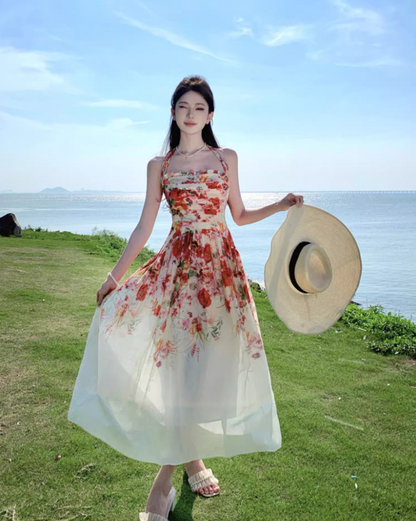 Dreamy Floral Print Flowy Hem Maxi Dress Casual Cinched-Waist Garden Vacays Ruffles Trimmed Long Dress AP1606