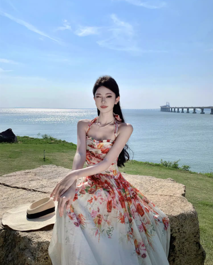 Dreamy Floral Print Flowy Hem Maxi Dress Casual Cinched-Waist Garden Vacays Ruffles Trimmed Long Dress AP1606