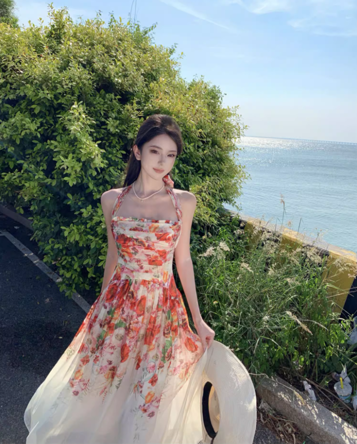 Dreamy Floral Print Flowy Hem Maxi Dress Casual Cinched-Waist Garden Vacays Ruffles Trimmed Long Dress AP1606