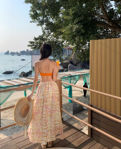 Vibrant Orange Crop Top Coastal Trips Maxi Dress Chic Flowy Two-Piece Set Printed Plaid Long Dress AP1607