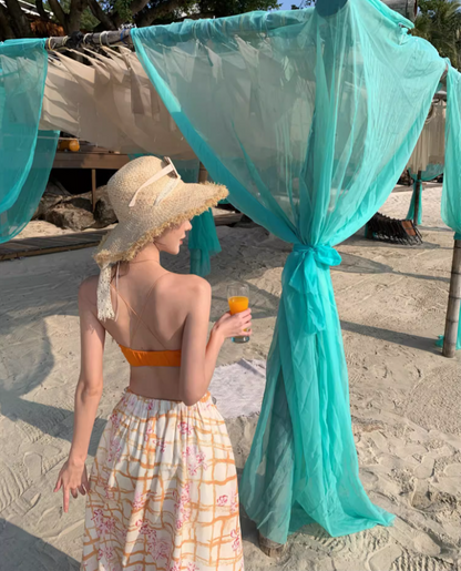 Vibrant Orange Crop Top Coastal Trips Maxi Dress Chic Flowy Two-Piece Set Printed Plaid Long Dress AP1607