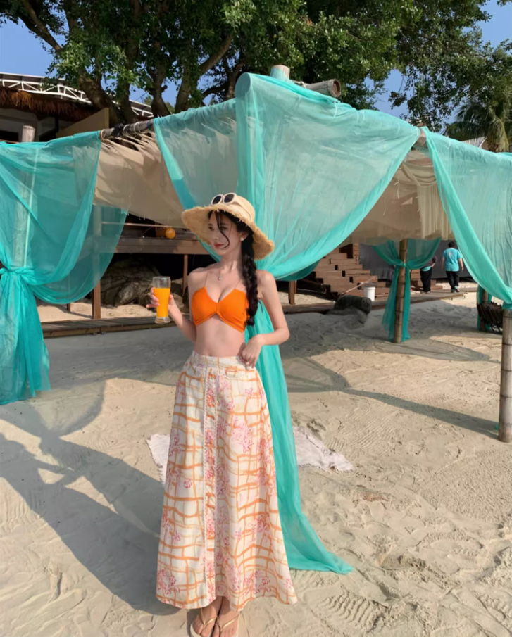 Vibrant Orange Crop Top Coastal Trips Maxi Dress Chic Flowy Two-Piece Set Printed Plaid Long Dress AP1607