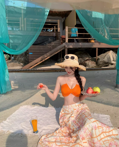 Vibrant Orange Crop Top Coastal Trips Maxi Dress Chic Flowy Two-Piece Set Printed Plaid Long Dress AP1607