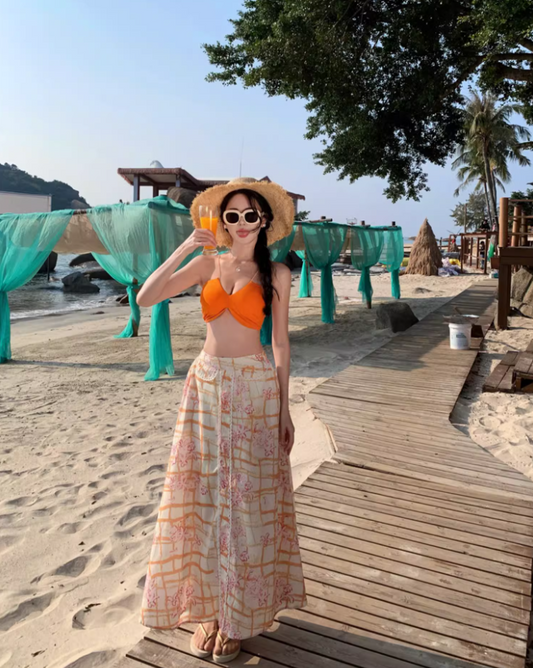 Vibrant Orange Crop Top Coastal Trips Maxi Dress Chic Flowy Two-Piece Set Printed Plaid Long Dress AP1607