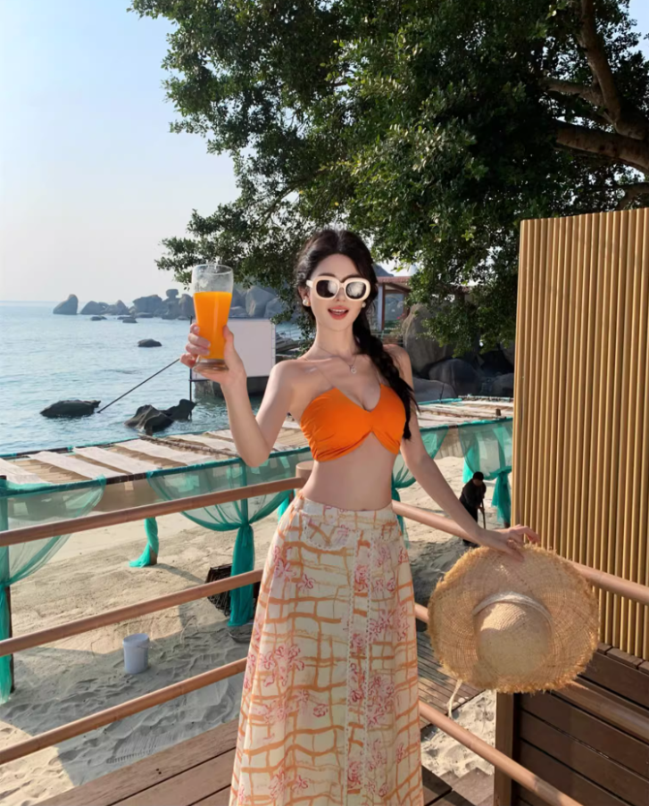 Vibrant Orange Crop Top Coastal Trips Maxi Dress Chic Flowy Two-Piece Set Printed Plaid Long Dress AP1607