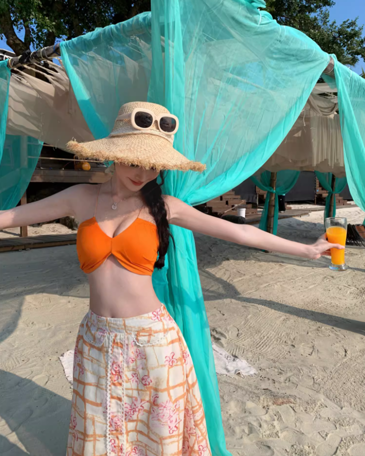 Vibrant Orange Crop Top Coastal Trips Maxi Dress Chic Flowy Two-Piece Set Printed Plaid Long Dress AP1607