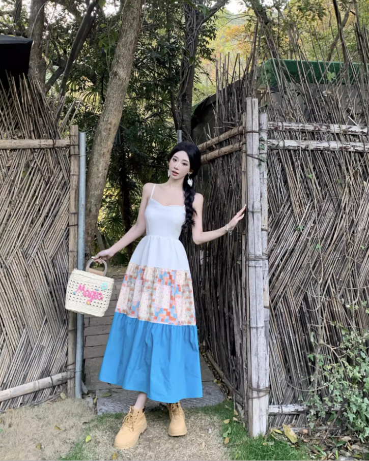 Cottagecore Patchwork Spaghetti Strap Maxi Dress Nature-Inspired Trips Tiered Color-Block Long Dress AP1608