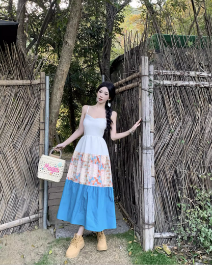 Cottagecore Patchwork Spaghetti Strap Maxi Dress Nature-Inspired Trips Tiered Color-Block Long Dress AP1608