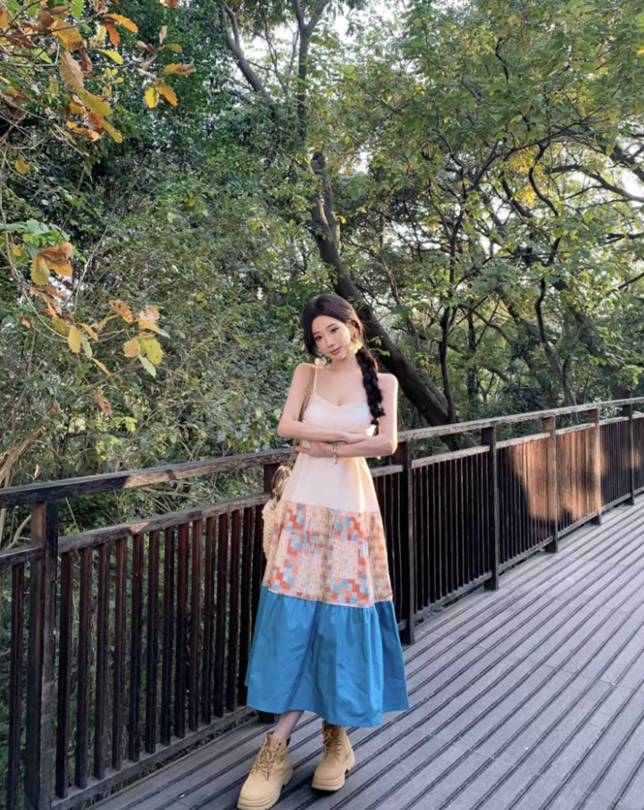 Cottagecore Patchwork Spaghetti Strap Maxi Dress Nature-Inspired Trips Tiered Color-Block Long Dress AP1608