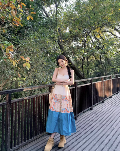Cottagecore Patchwork Spaghetti Strap Maxi Dress Nature-Inspired Trips Tiered Color-Block Long Dress AP1608