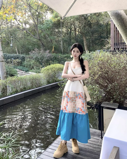 Cottagecore Patchwork Spaghetti Strap Maxi Dress Nature-Inspired Trips Tiered Color-Block Long Dress AP1608