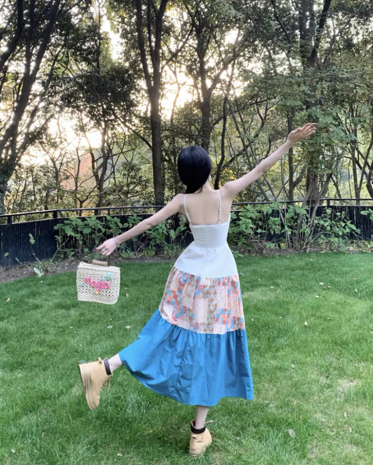 Cottagecore Patchwork Spaghetti Strap Maxi Dress Nature-Inspired Trips Tiered Color-Block Long Dress AP1608