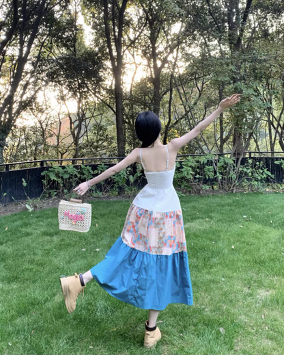 Cottagecore Patchwork Spaghetti Strap Maxi Dress Nature-Inspired Trips Tiered Color-Block Long Dress AP1608