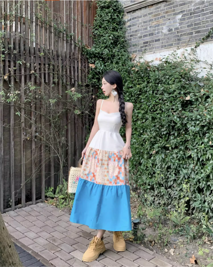 Cottagecore Patchwork Spaghetti Strap Maxi Dress Nature-Inspired Trips Tiered Color-Block Long Dress AP1608