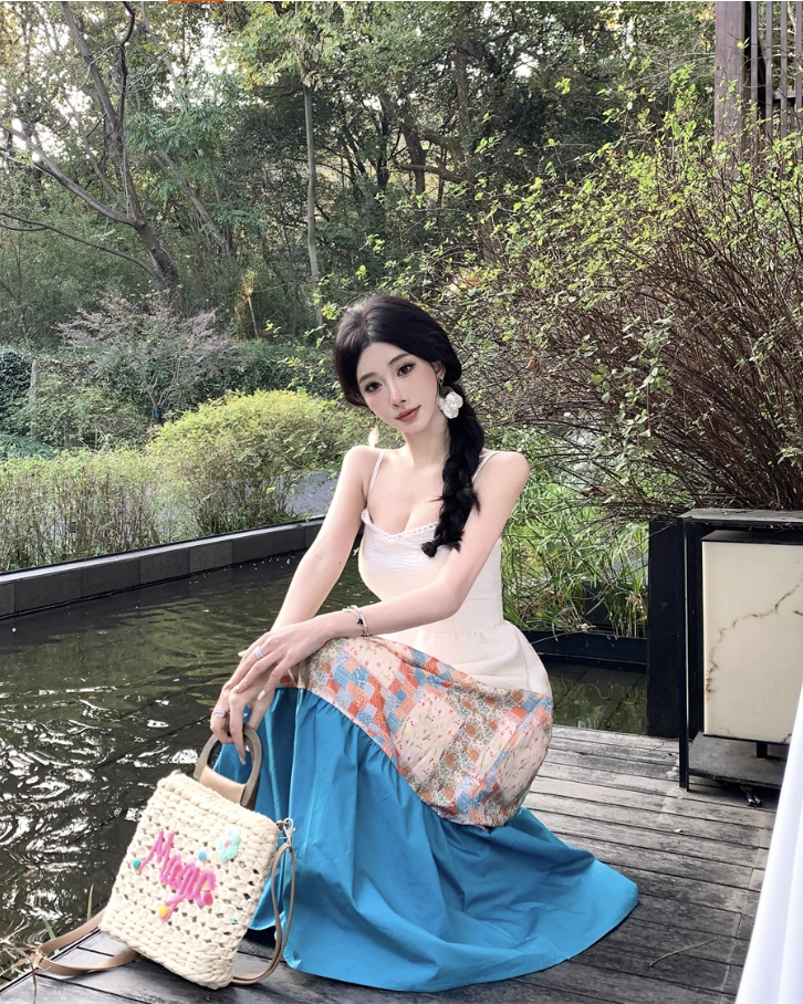 Cottagecore Patchwork Spaghetti Strap Maxi Dress Nature-Inspired Trips Tiered Color-Block Long Dress AP1608