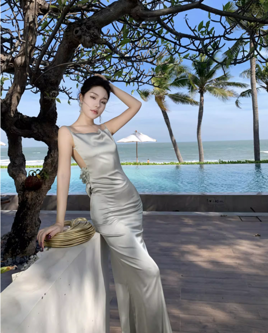 Garden Vacation Lustrous Fabric Spaghetti Strap Maxi Dress Nature-Inspired Trips Flower Design Backless Long Dress AP1609