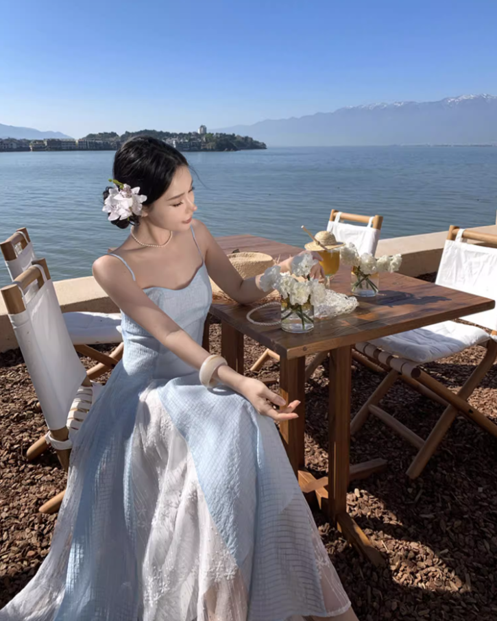 Ethereal Blue & White Splicing Textured Floral Spaghetti Strap Maxi Dress Natural Trips Cinched-Waist Flowy Long Dress AP1610