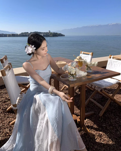 Ethereal Blue & White Splicing Textured Floral Spaghetti Strap Maxi Dress Natural Trips Cinched-Waist Flowy Long Dress AP1610