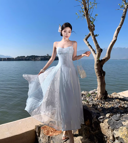 Ethereal Blue & White Splicing Textured Floral Spaghetti Strap Maxi Dress Natural Trips Cinched-Waist Flowy Long Dress AP1610