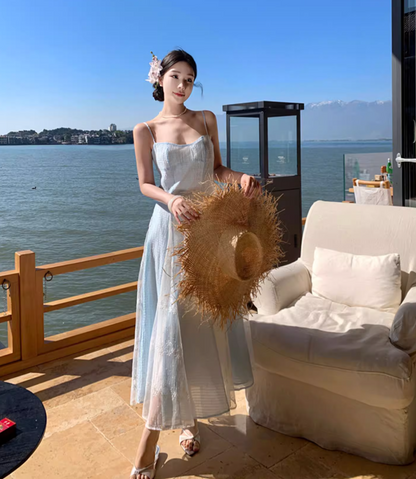 Ethereal Blue & White Splicing Textured Floral Spaghetti Strap Maxi Dress Natural Trips Cinched-Waist Flowy Long Dress AP1610