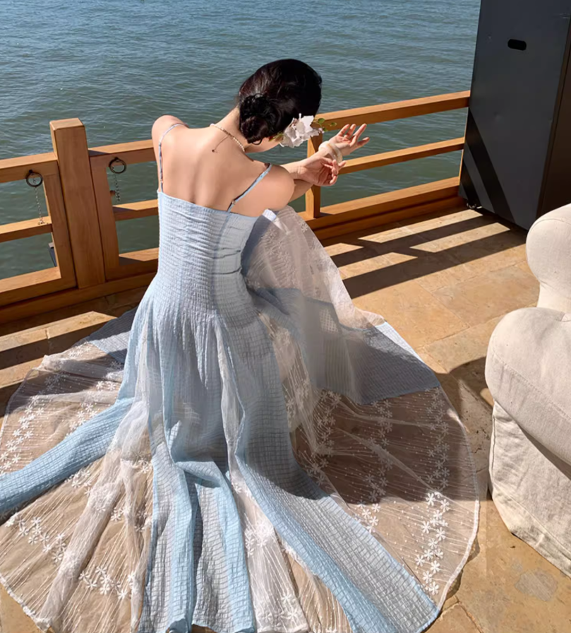 Ethereal Blue & White Splicing Textured Floral Spaghetti Strap Maxi Dress Natural Trips Cinched-Waist Flowy Long Dress AP1610