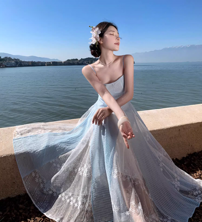 Ethereal Blue & White Splicing Textured Floral Spaghetti Strap Maxi Dress Natural Trips Cinched-Waist Flowy Long Dress AP1610